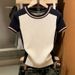 Color Blocked Plus Size Knitted Top Round Neck Pullover Elegant Slimming Base Layer Short Sleeved Summer_ecoleips.com