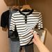 French-Inspired Striped Knit Top – Slim Fit Short Sleeve Shirt For Women, Chic & Youthful Casual Wear_ecoleips.com