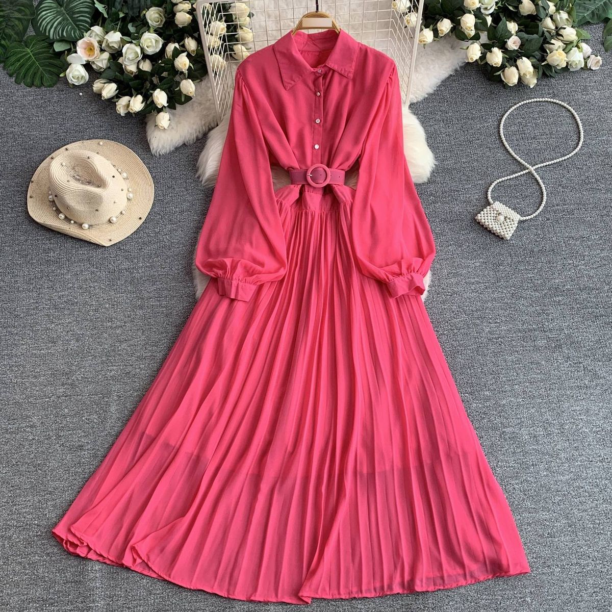 Women's Clothing Red Chiffon Slimming Dress For Women With Belted Waist And Pleated Skirt Versatile Collared Dress For Commuting Perfect For Summer_ecoleips.com