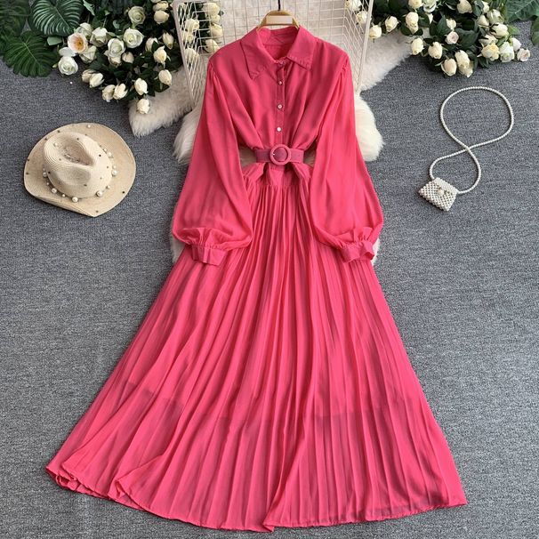 Women's Clothing Red Chiffon Slimming Dress For Women With Belted Waist And Pleated Skirt Versatile Collared Dress For Commuting Perfect For Summer_ecoleips.com