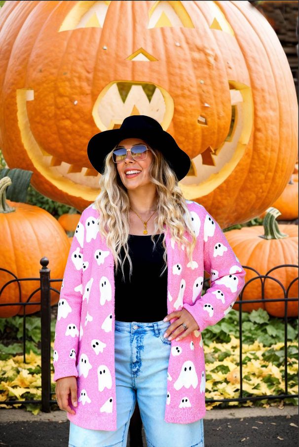 Halloween Ghost Print Cardigan – Oversized Longline Knit Sweater Coat | Streetwear & Cozy (S-XL)_ecoleips.com