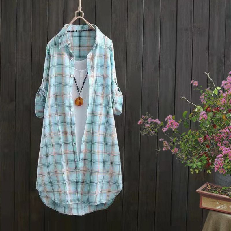 Long-Sleeved Checkered Shirt For Women, Mid-Length, Stylish And Slimming, Loose-Fitting Cardigan, Sun-Protective Coat, A_ecoleips.com