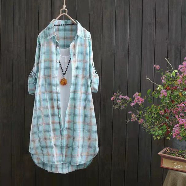 Long-Sleeved Checkered Shirt For Women, Mid-Length, Stylish And Slimming, Loose-Fitting Cardigan, Sun-Protective Coat, A_ecoleips.com