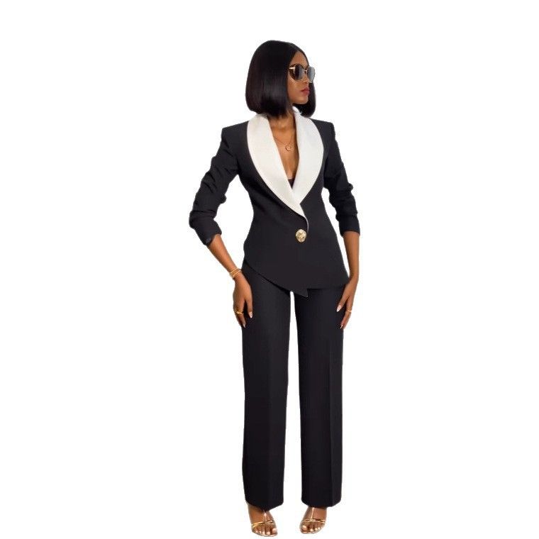 Elegant Contrast Lapel Blazer & Pant Set – European-Inspired Office Wear For Women (Black, Beige, Brown)_ecoleips.com