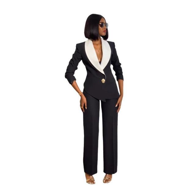 Elegant Contrast Lapel Blazer & Pant Set – European-Inspired Office Wear For Women (Black, Beige, Brown)_ecoleips.com