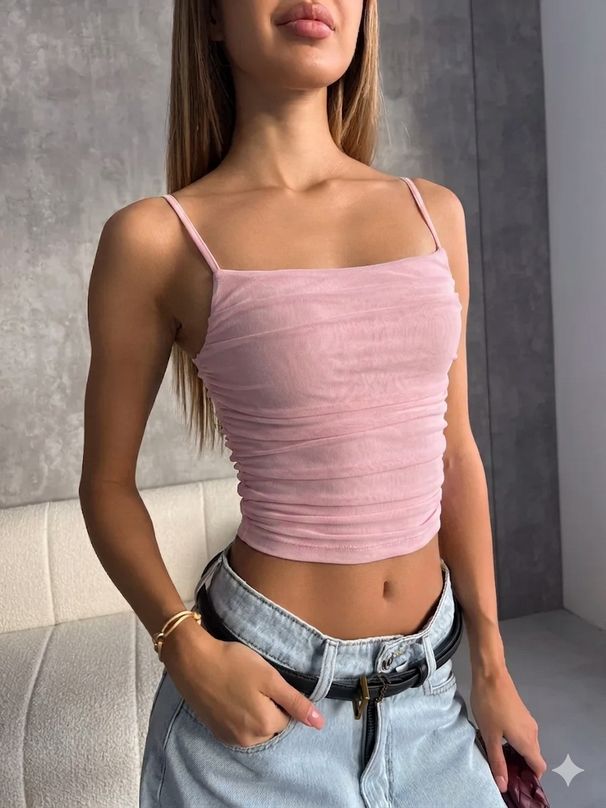 Women's Slim Fit Halter Top Sexy Pleated Mesh Versatile Waist Cinching Flattering Top_ecoleips.com