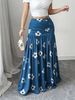 Women's Retro Fresh Casual Blue Base White Floral Print Pleated Maxi Skirt Versatile_ecoleips.com