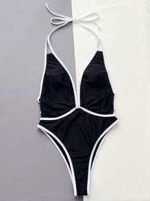 Women's Clothing Sexy Black & White One Piece Swimsuit Sling Hollow Design Swimwear For Spring/Autumn Summer_ecoleips.com