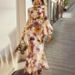 Women's Floral Print Wrap Dress Elegant Ruffle Hem Cinched Waist Long Sleeve Maxi Dress Yellow S to XXL_ecoleips.com