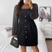 Plus Size Elegant Long Sleeve Dress For Women - Stretchy Knit Square Neck Dress With Button Details, Flattering High Waist Design_ecoleips.com
