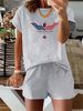 Summer New Letter Pattern T-shirt, Casual Printed Round Neck Short Sleeved Top With Elastic Waist Pocket, Women's Two-piece Set-287_ecoleips.com