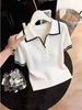 Women's White Collared Knit Top Short Sleeved Color Blocked Ribbed Design Slimming Elegant Summer New Style_ecoleips.com