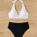 Women Two Tone 2 Piece Bikini Set White Halter Ladder Cutout Top Black Ruched High Waist Bathing Suit Color Block Beach Swimwear_ecoleips.com