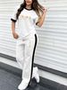 Women's Simple Sport 2-piece Set, Classic Print Colorblock Tee & Stretch Knit Side-stripe Drawstring Wide Leg Pants For Spring Summer Commute & Gym_ecoleips.com