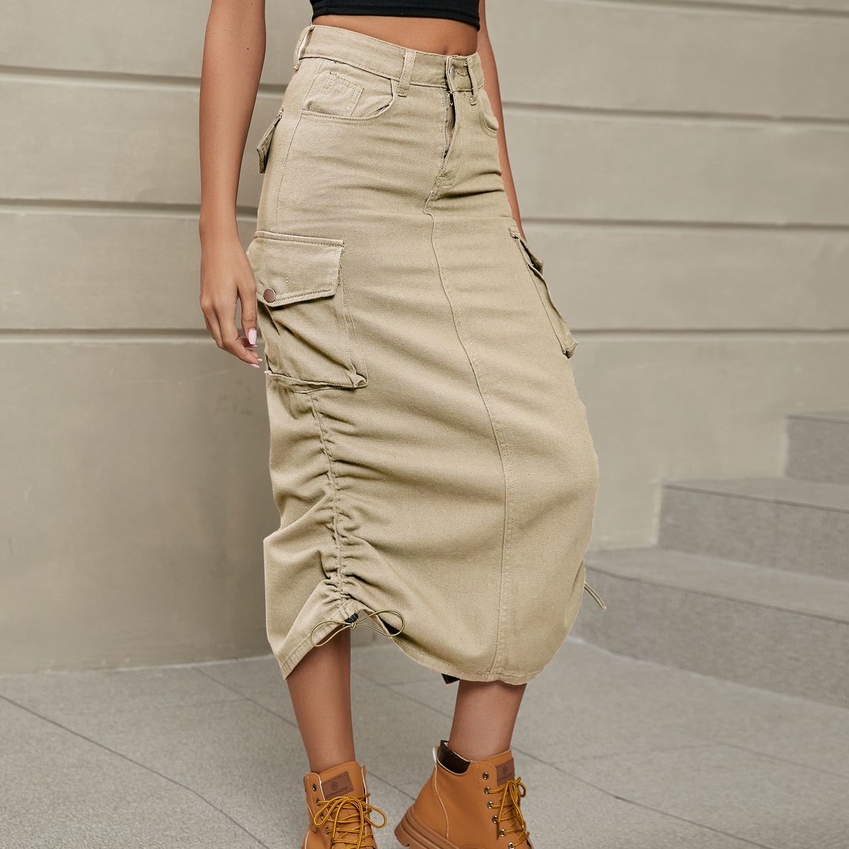 Verve 2025 Women's New Casual Pocket Ruched Denim Cargo Midi Skirt_ecoleips.com