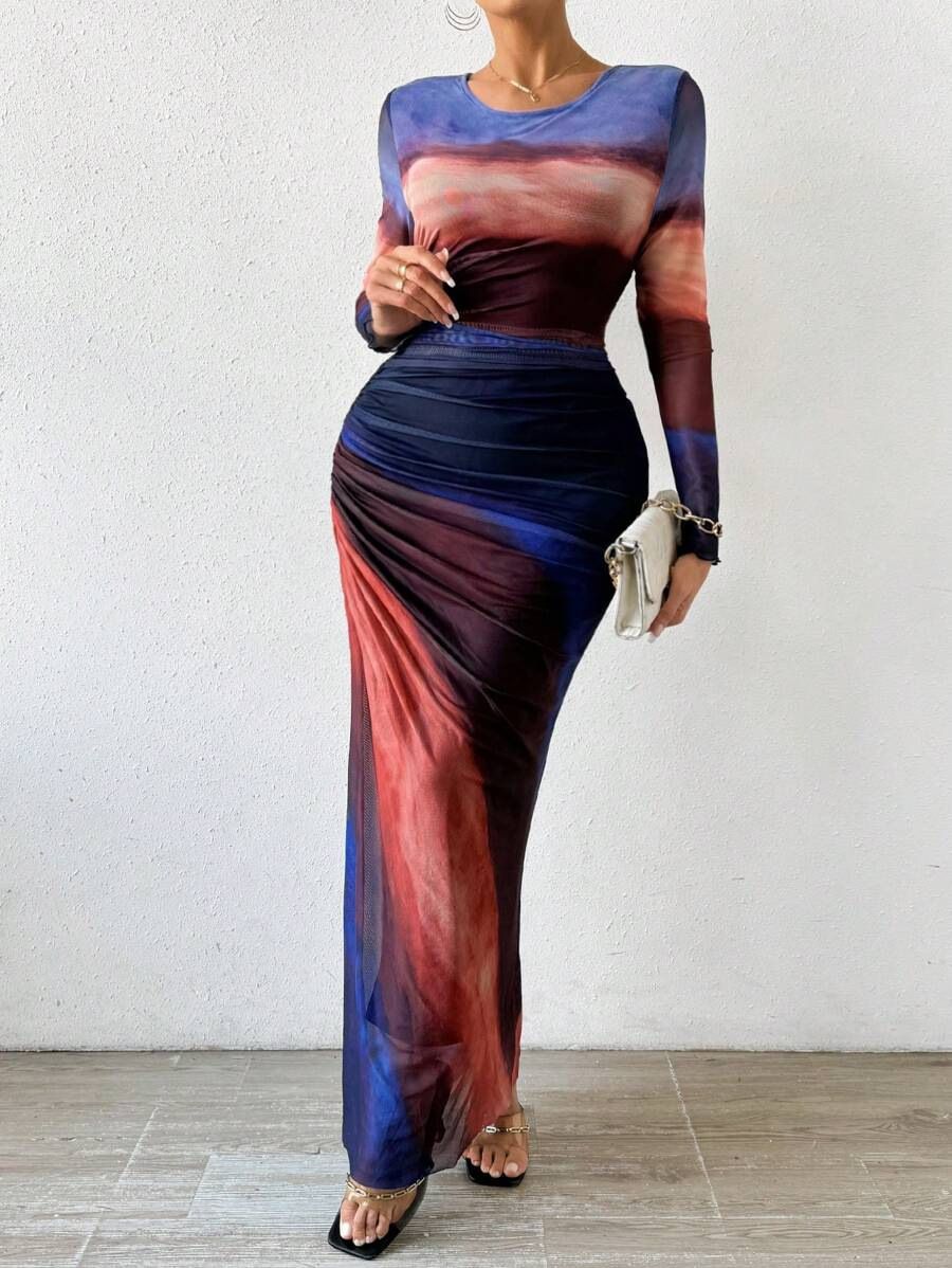Women's Clothing Fashion Mesh Printing Pleated Sexy Tight Slit Round Neck Dress_ecoleips.com