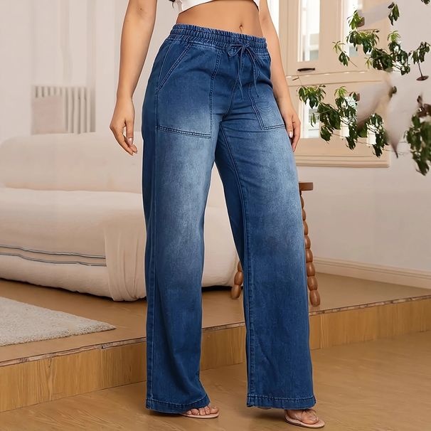 Cross-Border European And American Stretch Drawstring Elastic Waist Straight Wide-Leg Women's Mid-Waist Denim_ecoleips.com