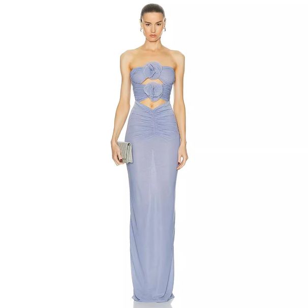 2025 Blue Purple Mesh Elegant Three-Dimensional Flower Women's Fashion Evening Gown Strapless Dress_ecoleips.com