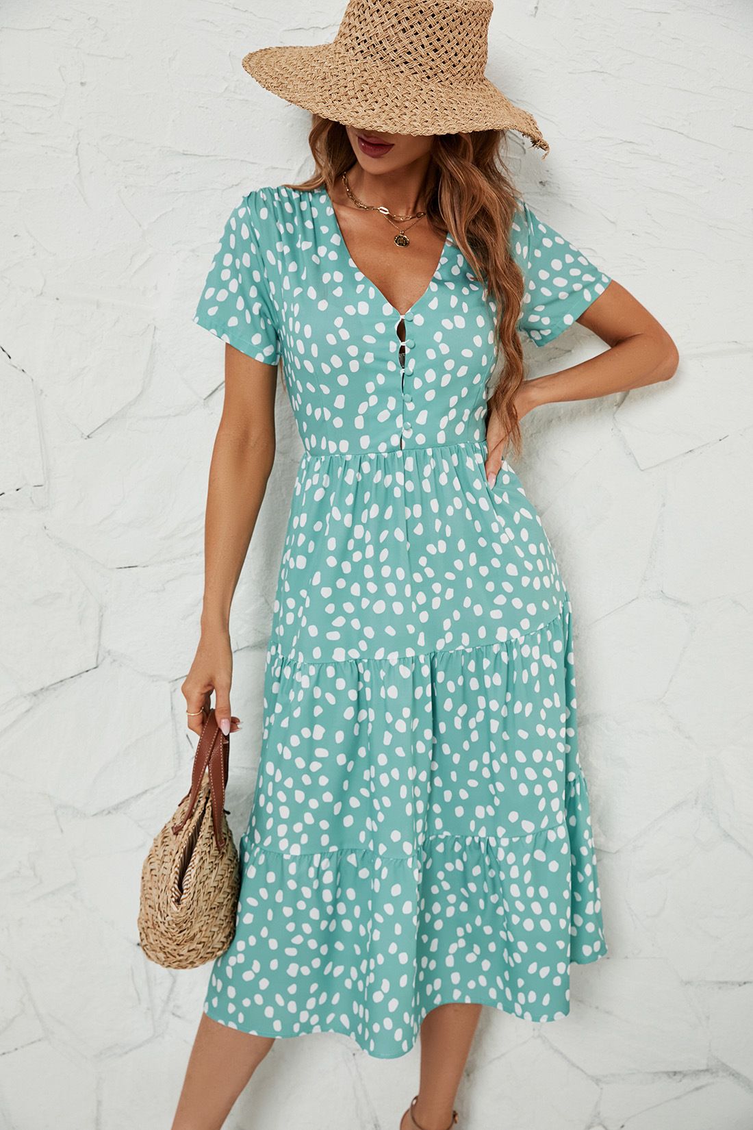 cross-border Supply European And American Women's Clothing 2026 Summer V-neck Printed Buttoned Waist-cinching_ecoleips.com