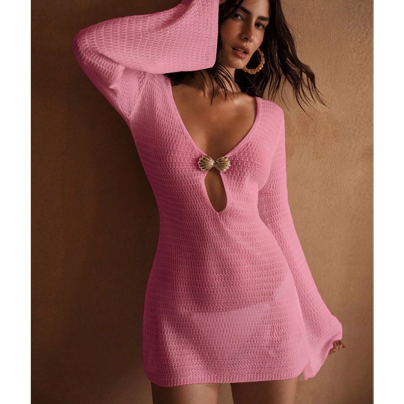 Women's Long Sleeved Bikini Swimsuit Cover Up Beach Dress European American Style Knitted Hollow Shell Decoration Sun Protection Clothing_ecoleips.com