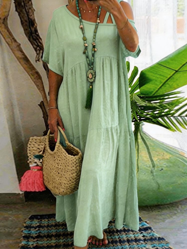 Women's Casual Short Sleeve Dress Asymmetrical Neck Cotton Linen Solid Color_ecoleips.com