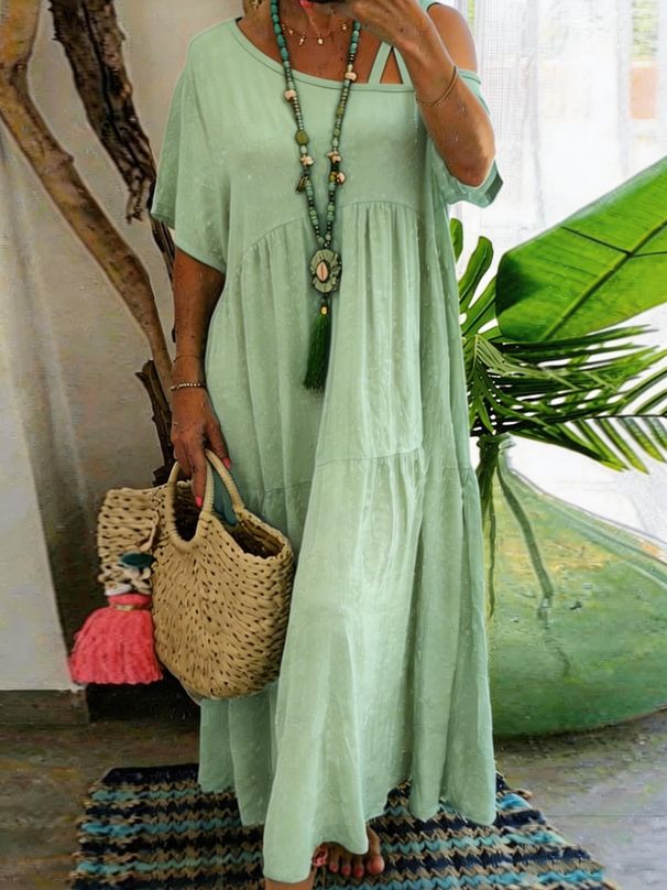 Women's Casual Short Sleeve Dress Asymmetrical Neck Cotton Linen Solid Color_ecoleips.com