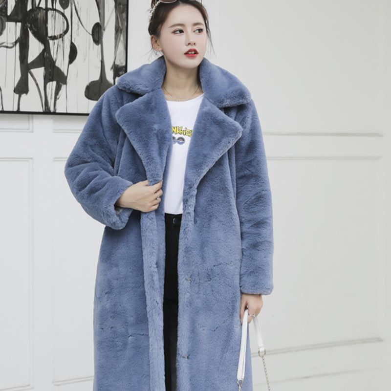 Winter Thick Plus Size Faux Rabbit Fur Coat, Loose Fit, Extended To Ankle, Fur Collar Women's Suits_ecoleips.com