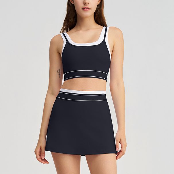 Women's Color Block Sports Bra And Skirt Set White Striped Camisole Running Tennis Yoga Wear Two Piece Cross Border Style_ecoleips.com