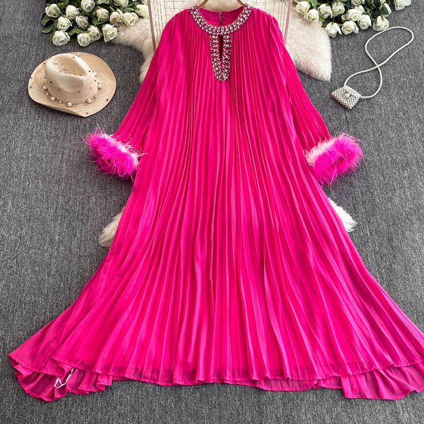 Women's Clothing Retro Diamond Round Neck Loose Long Trumpet Sleeve Pleated Dress_ecoleips.com