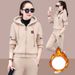 Women's Clothing Women's Fleece-Lined Hoodie Set - Thickened Winter Warm Tracksuit With Stylish Print, Plus Size Casual Outfit (Khaki/Pink/Red)_ecoleips.com