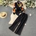 Retro Women's Set – Asymmetrical Print Shirt With High-Waisted Wide-Leg Pants (Cropped Sleeve, Purple/Peach/Black/Orange/Blue/Army Green/Beige)_ecoleips.com