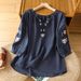 Summer Embroidered Thin V-Neck Lantern Sleeves, Breathable Five-Quarter Sleeves, Artistic Vintage Cotton-Linen Embroider_ecoleips.com