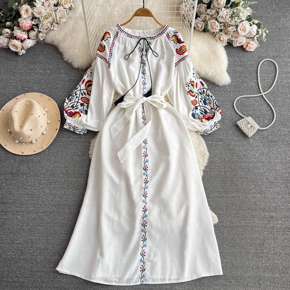 Women's Retro Ethnic Style Long Sleeve Dress Spring Autumn Slim Waist A-Line Cotton Linen Round Neck Elegant Lantern Dress_ecoleips.com