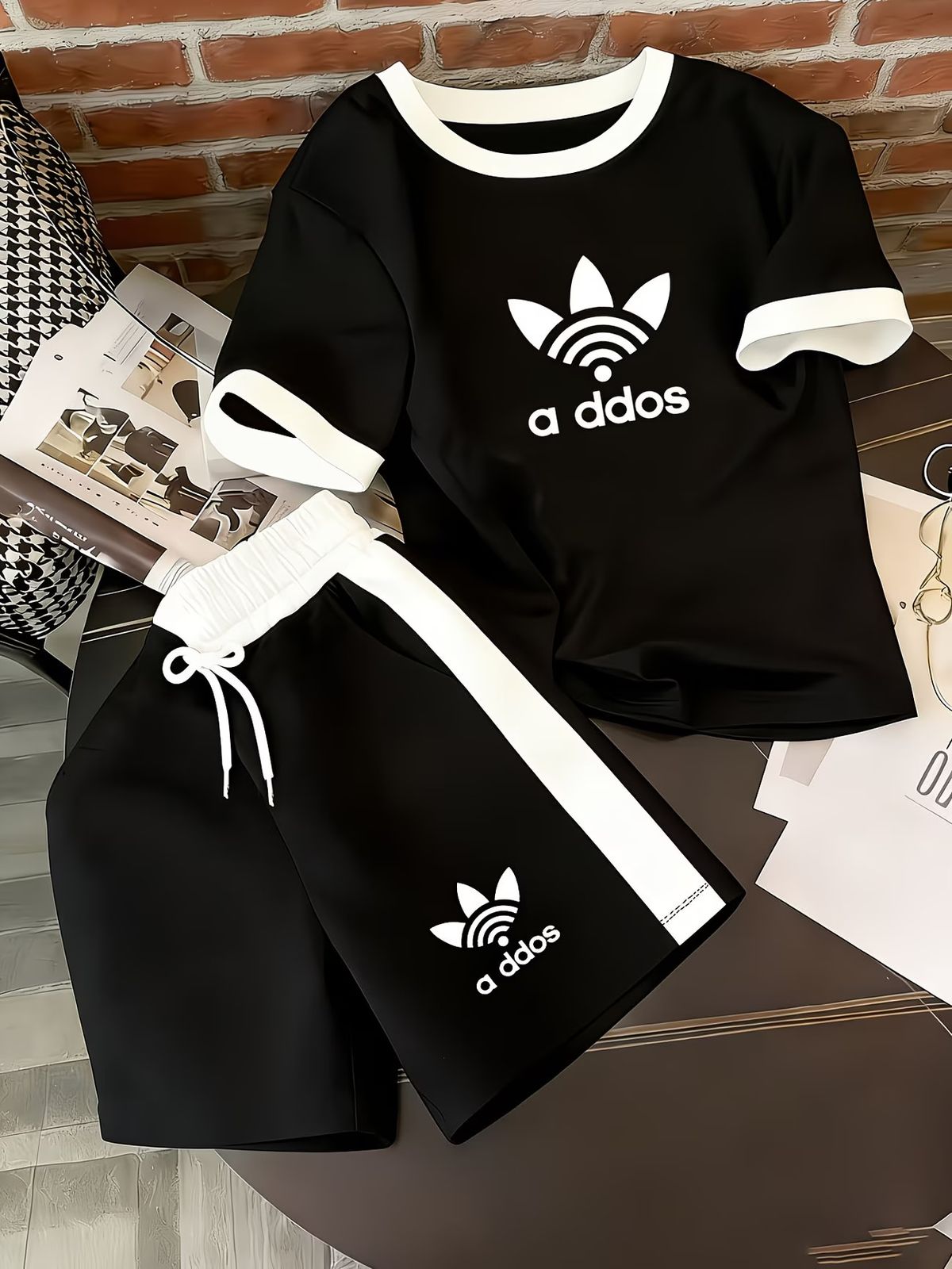 Women's Clothing Women's Summer Luxury Style Print Color Block Short Sleeve Shorts Set Loose Casual Suit Personalized_ecoleips.com