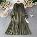 plus Size Women's Tie Neck Lantern Sleeve Dress Loose Fit Hides Tummy Slimming Pleated Long Dress for Summer Commuting_ecoleips.com