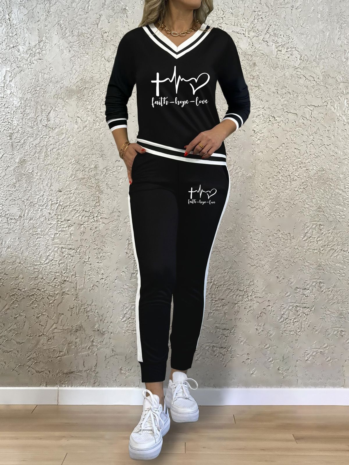 Women's Clothing Women's Suits, All Match Printed Patchwork V Neck Long Sleeved Top With Elastic Waist Pocket Trousers, Two Piece Suit_ecoleips.com
