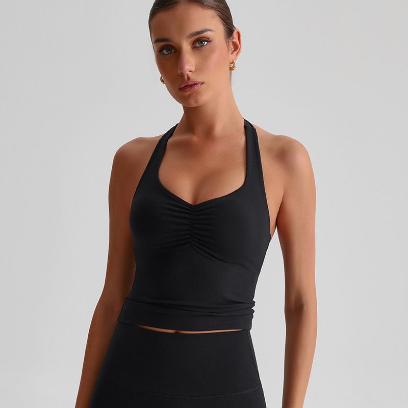 Solid Color Sports Tank Top Women Fitness Bra TightsCross Back Gym Clothe Underwear Yoga Vest High Impact Shockproof Chest Pad_ecoleips.com