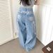 Women's Wide Leg Jeans High Waisted Street Style Retro Embroidered With Letters And Flowers Loose Fit Floor Length Y2K Trousers_ecoleips.com