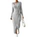Voya Popular Women's Knitted Gray Dress With Sexy Temperament, Spicy Girl Irregular Long Skirt_ecoleips.com