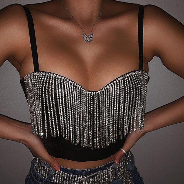 Crop Top Suspenders Womens Solid Color Splicing Bright Diamond Tassel Wrapped Chest Ropa De Mujer Ofertas Con EnvíO Gratis_ecoleips.com