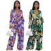 Women's High-Waisted Jumpsuit - Flowy Wide-Leg Jumpsuit With Long Sleeves & Belt Detail - Casual Office Wear - Blue/Green (S-2XL)_ecoleips.com