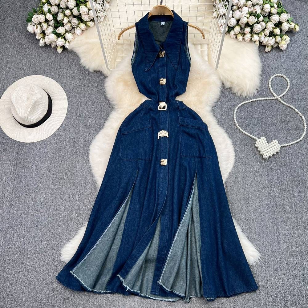 Women's Clothing Retro Lapel Hollow Waist Exposed Waist Slimming Sleeveless Single Breasted A Line Slit Denim Dress Casual Long Skirt_ecoleips.com