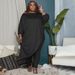 Plus-Size Women's Casual Pants Set - Stylish Two-Piece Outfit With Batwing Sleeves, Stretchy Polyester-Spandex Blend For Comfort & Confidence_ecoleips.com