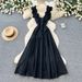 French Style Ruffled Square Neck High Waisted Slimming Long Dress Korean Summer Elegant Vacation Style for Women_ecoleips.com