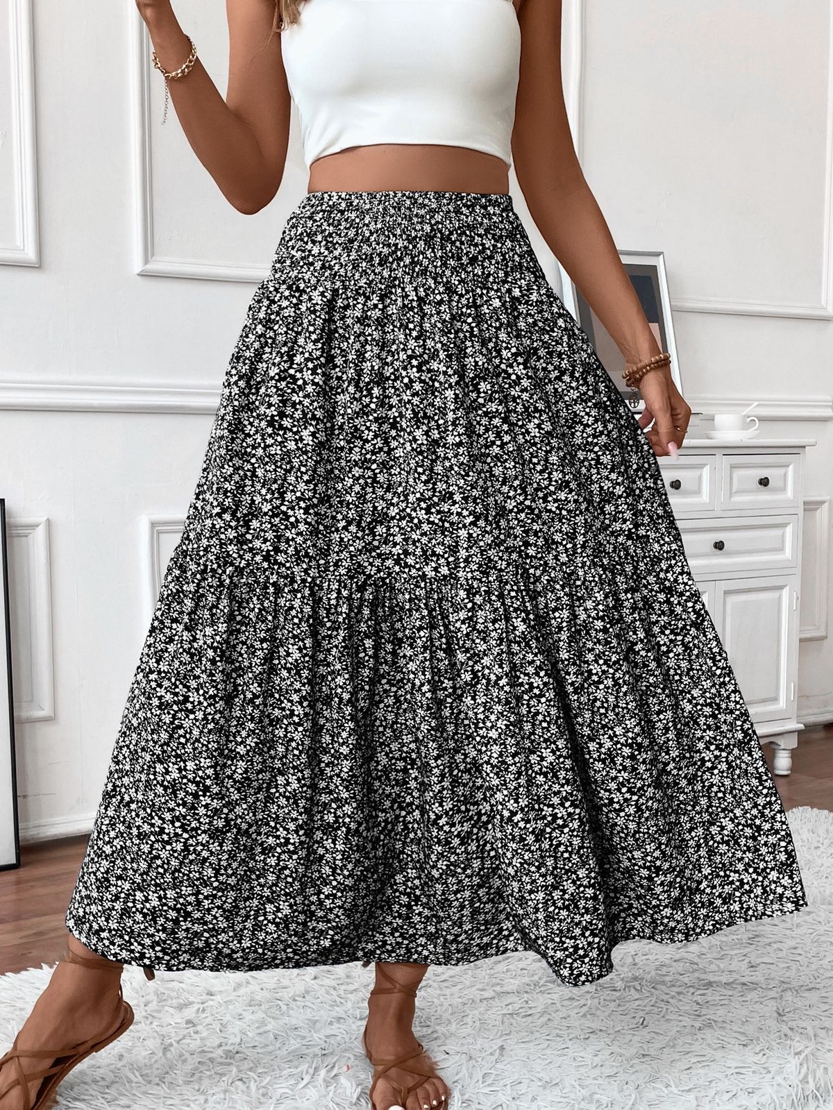 Versatile Slimming A-Line Maxi Skirt, Floral Printed Spliced Umbrella Skirt, High-End Women’s Skirt For Spring & Summer_ecoleips.com