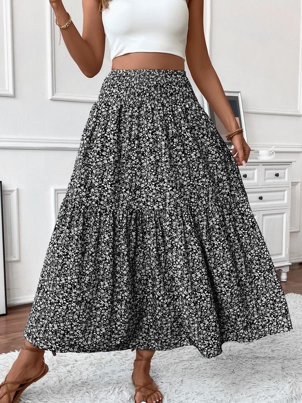 Versatile Slimming A-Line Maxi Skirt, Floral Printed Spliced Umbrella Skirt, High-End Women’s Skirt For Spring & Summer_ecoleips.com