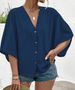 Curvy Women Solid Textured Jacquard V Neck Raglan Sleeve Button Down Blouse, 2025 Spring Summer Beach Vacation Shirt_ecoleips.com