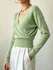 Light Sage Green Deep V Wrap Pit Rib Knit Sweater, Loose Lightweight Breathable Soft Skin-touch Long Sleeve Slim Waist Pullover_ecoleips.com