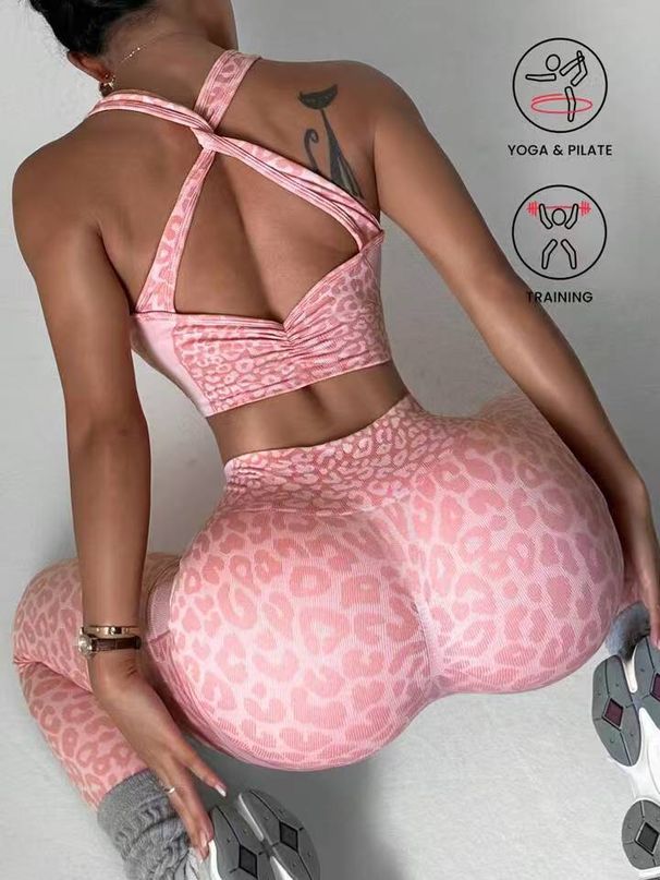 Women's 2-Piece Fitness Yoga Outfit Leopard Print Seamless Cross Bra And Panties Set Back Pleated Sports Set Outdoor_ecoleips.com