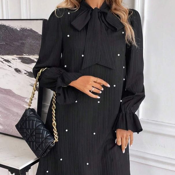 Women's Clothing early spring women's clothing lace up beaded long sleeved solid color dress female_ecoleips.com
